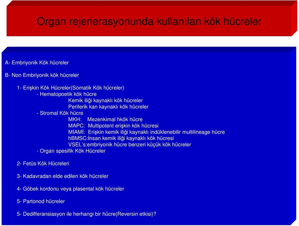 iliği kaynaklı indüklenebilir multilineage hücre hbmsc:đnsan kemik iliği kaynaklı kök hücresi VSEL s:embriyonik hücre benzeri küçük kök hücreler - Organ spesifik Kök Hücreler 2-