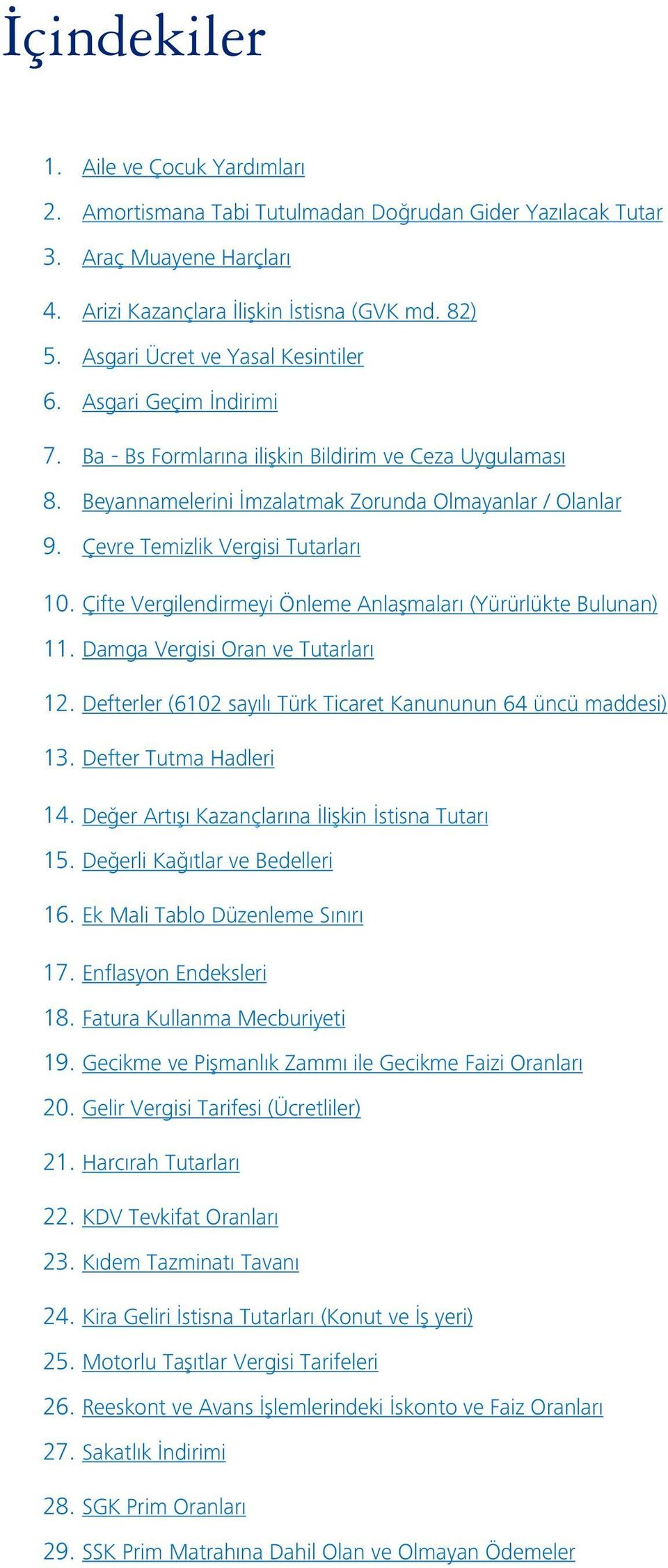 Çevre Temizlik Vergisi Tutarları 10. Çifte Vergilendirmeyi Önleme Anlaşmaları (Yürürlükte Bulunan) 11. Damga Vergisi Oran ve Tutarları 12.