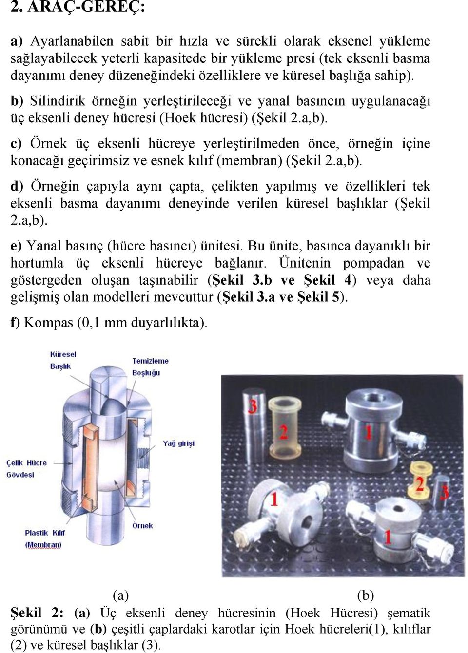 c) Örnek üç eksenli hücreye yerleştirilmeden önce, örneğin içine konacağı geçirimsiz ve esnek kılıf (membran) (Şekil 2.a,b).