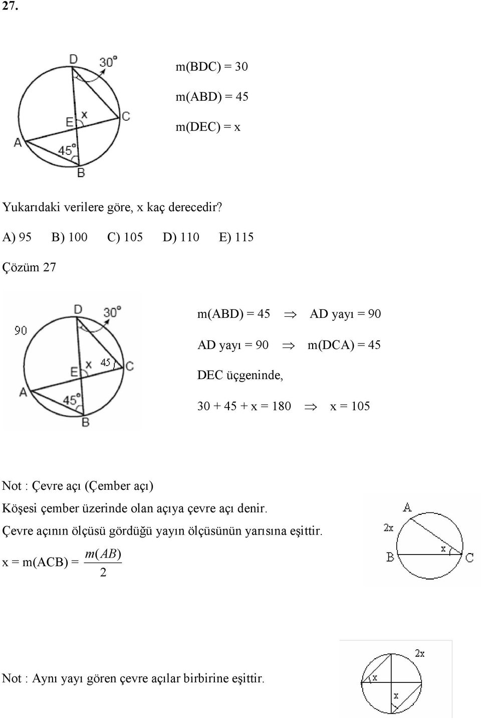 + x 80 x 05 Not : Çevre açı (Çember açı) Köşesi çember üzerinde olan açıya çevre açı denir.