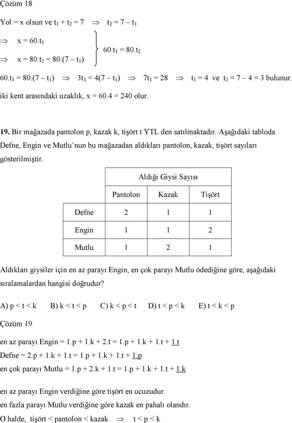 Aldığı Giysi Sayısı Pantolon Kazak Tişört Defne Engin Mutlu Aldıkları giysiler için en az parayı Engin, en çok parayı Mutlu ödediğine göre, aşağıdaki sıralamalardan hangisi doğrudur?