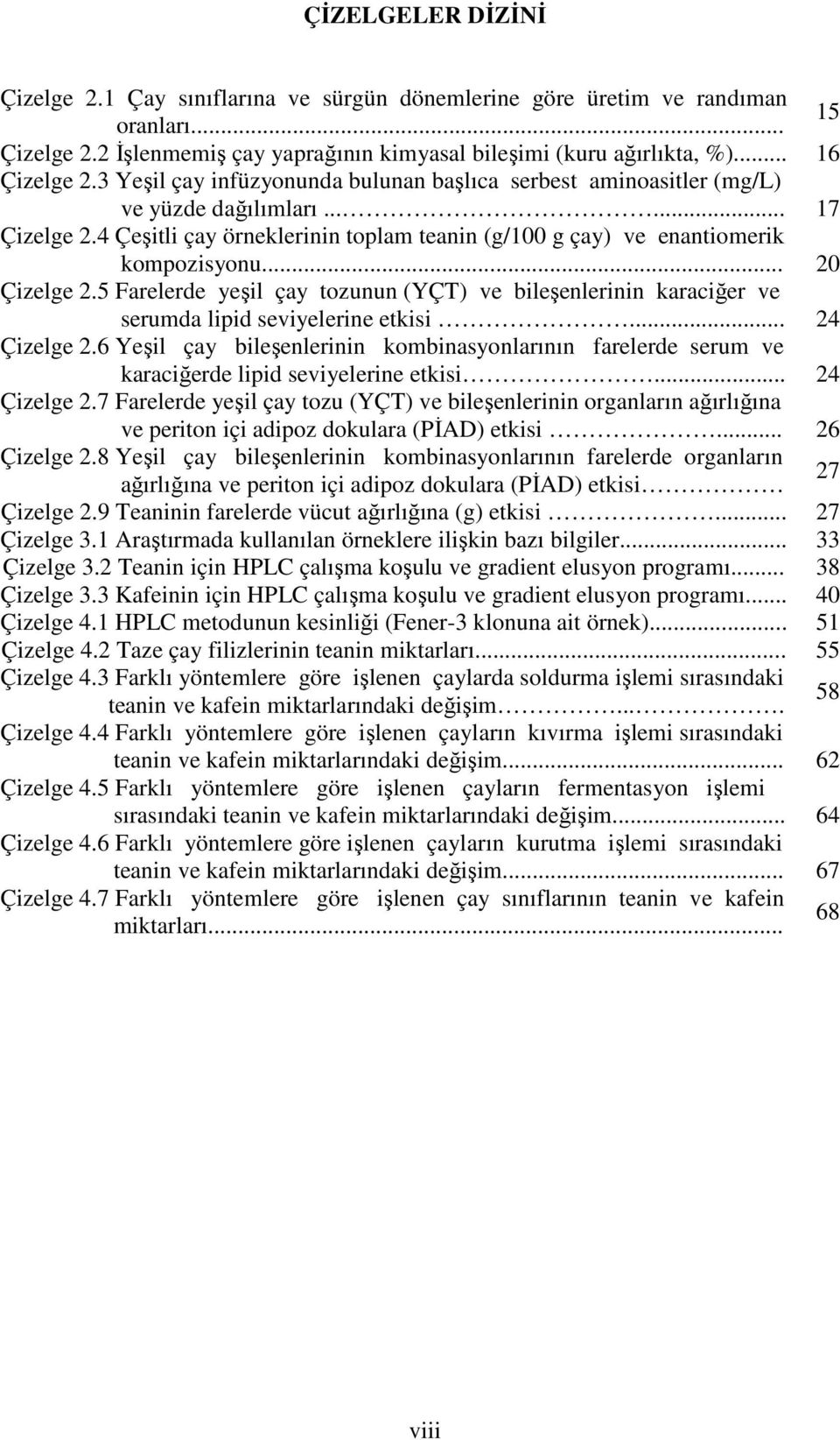 .. 20 Çizelge 2.5 Farelerde yeşil çay tozunun (YÇT) ve bileşenlerinin karaciğer ve serumda lipid seviyelerine etkisi... 24 Çizelge 2.