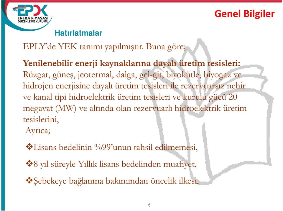 biyokütle, biyogaz ve hidrojen enerjisine dayalı üretim tesisleri ile rezervuarsız nehir ve kanal tipi hidroelektrik üretim tesisleri ve