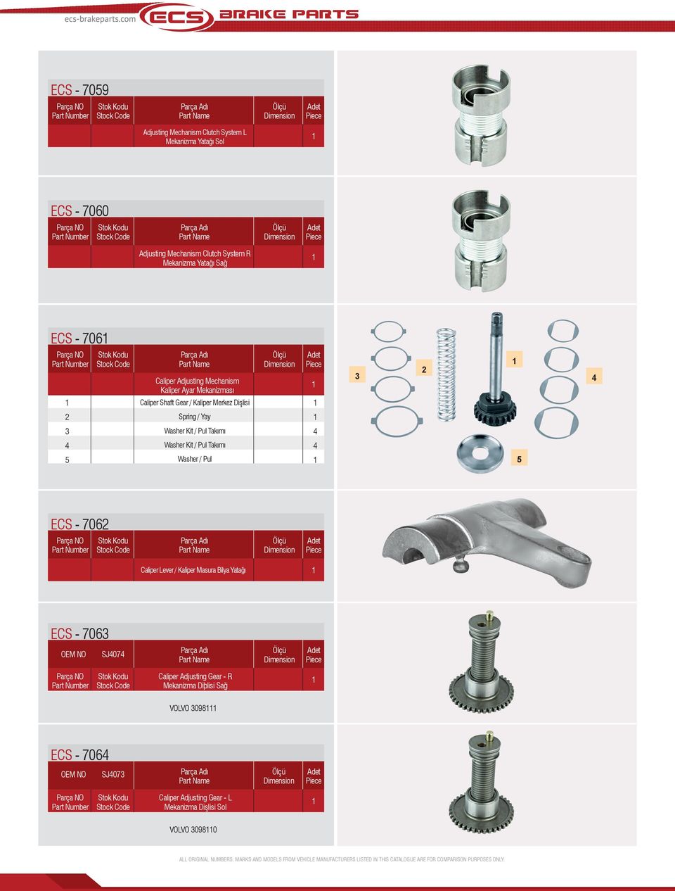 - 0 Caliper Lever / Kaliper Masura Bilya Yatağı ECS - 0 SJ0 Caliper Adjusting Gear - R Mekanizma Diþlisi Sağ VOLVO 098 ECS - 0 SJ0 Caliper Adjusting Gear - L