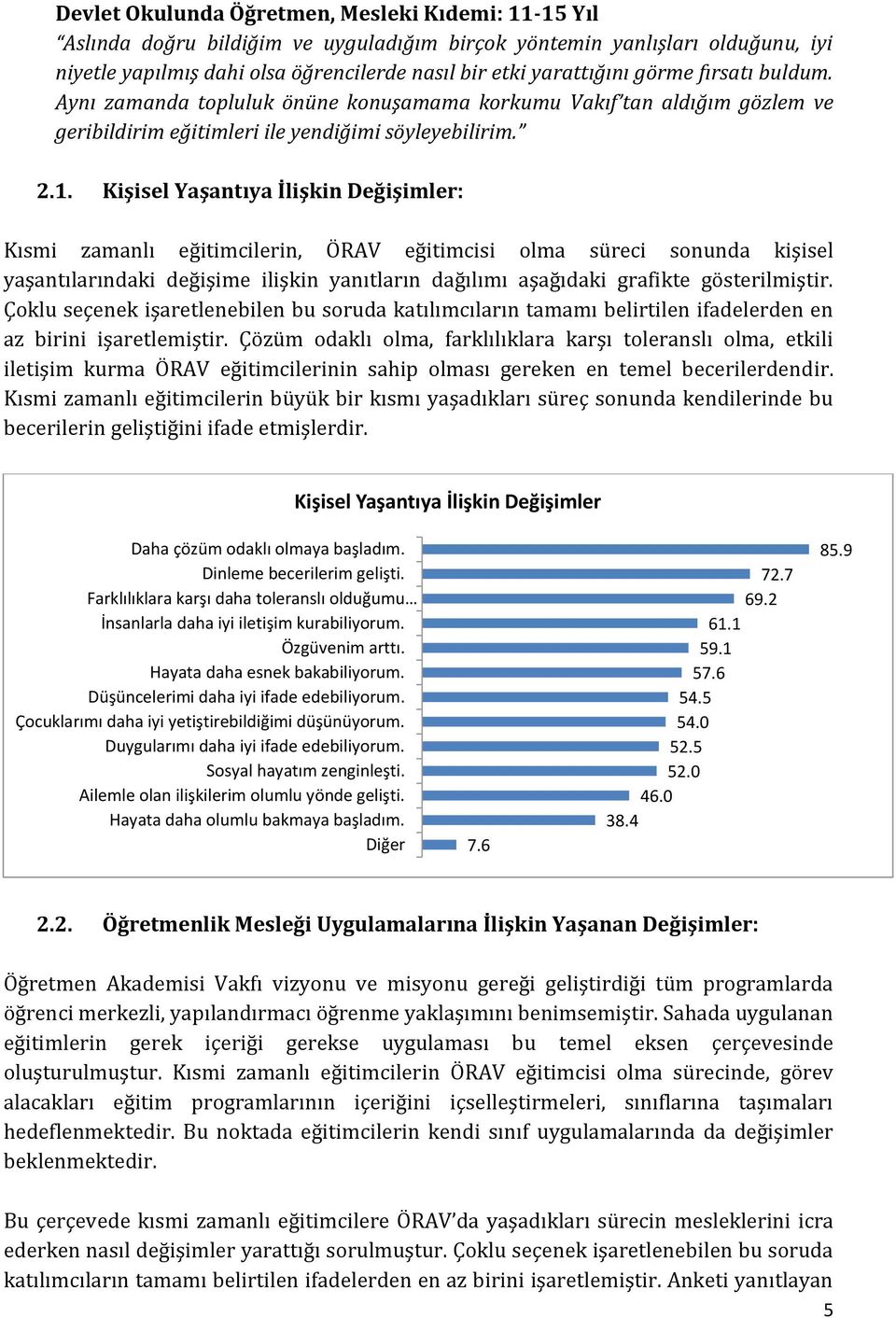 Kişisel Yaşantıya İlişkin Değişimler: Kısmi zamanlı eğitimcilerin, ÖRAV eğitimcisi olma süreci sonunda kişisel yaşantılarındaki değişime ilişkin yanıtların dağılımı aşağıdaki grafikte gösterilmiştir.