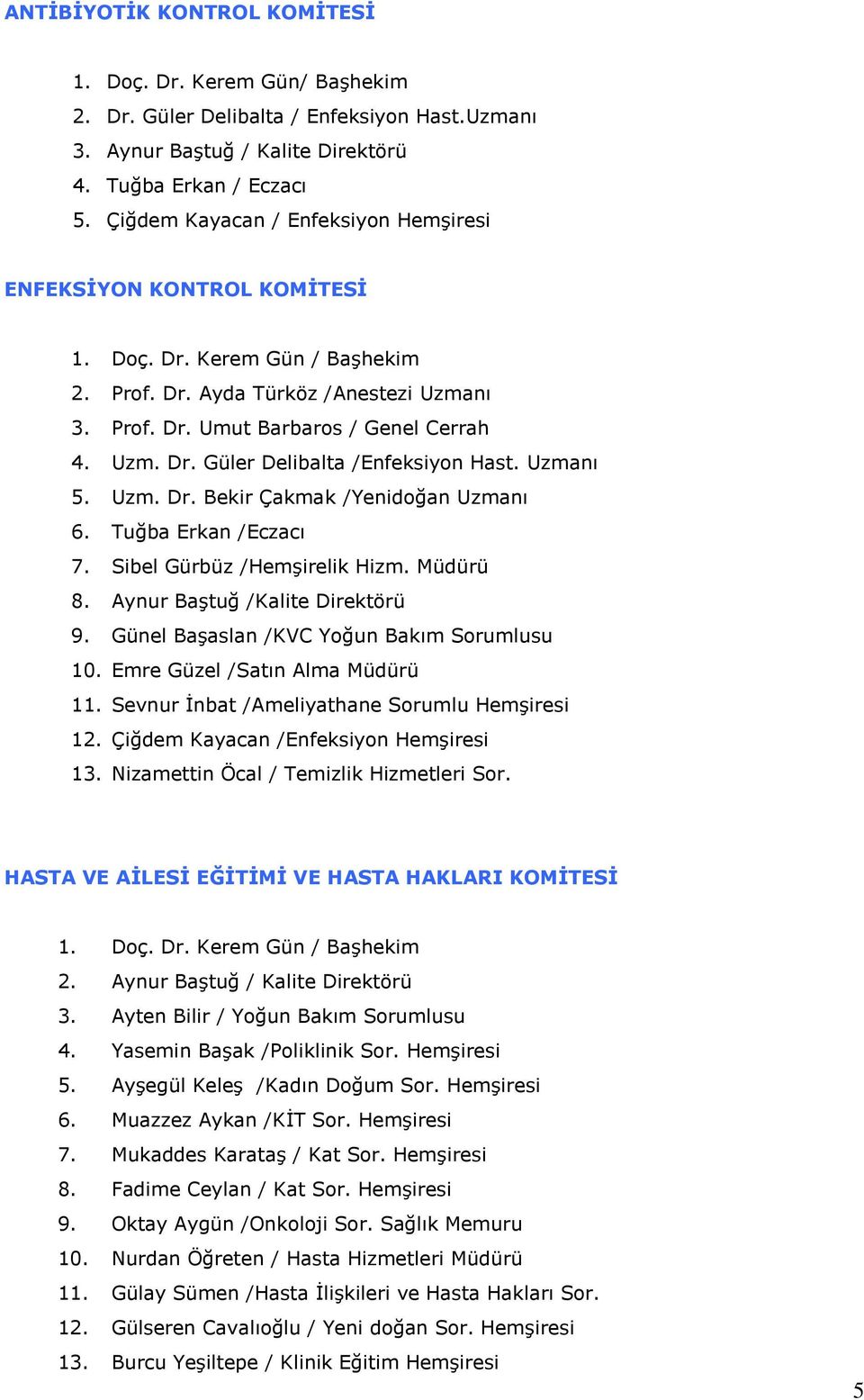 Uzmanı 5. Uzm. Dr. Bekir Çakmak /Yenidoğan Uzmanı 6. Tuğba Erkan /Eczacı 7. Sibel Gürbüz /Hemşirelik Hizm. Müdürü 8. Aynur Baştuğ /Kalite Direktörü 9. Günel Başaslan /KVC Yoğun Bakım Sorumlusu 10.