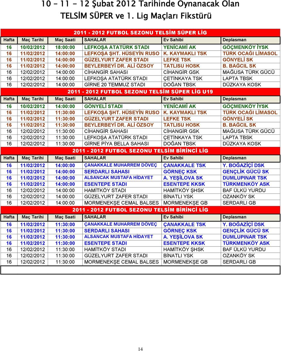 KAYMAKLI TSK TÜRK OCAĞI LİMASOL 16 11/02/2012 14:00:00 GÜZELYURT ZAFER STADI LEFKE TSK GÖNYELİ SK 16 11/02/2012 14:00:00 BEYLERBEYİ DR. ALİ ÖZSOY TATLISU HOSK B.