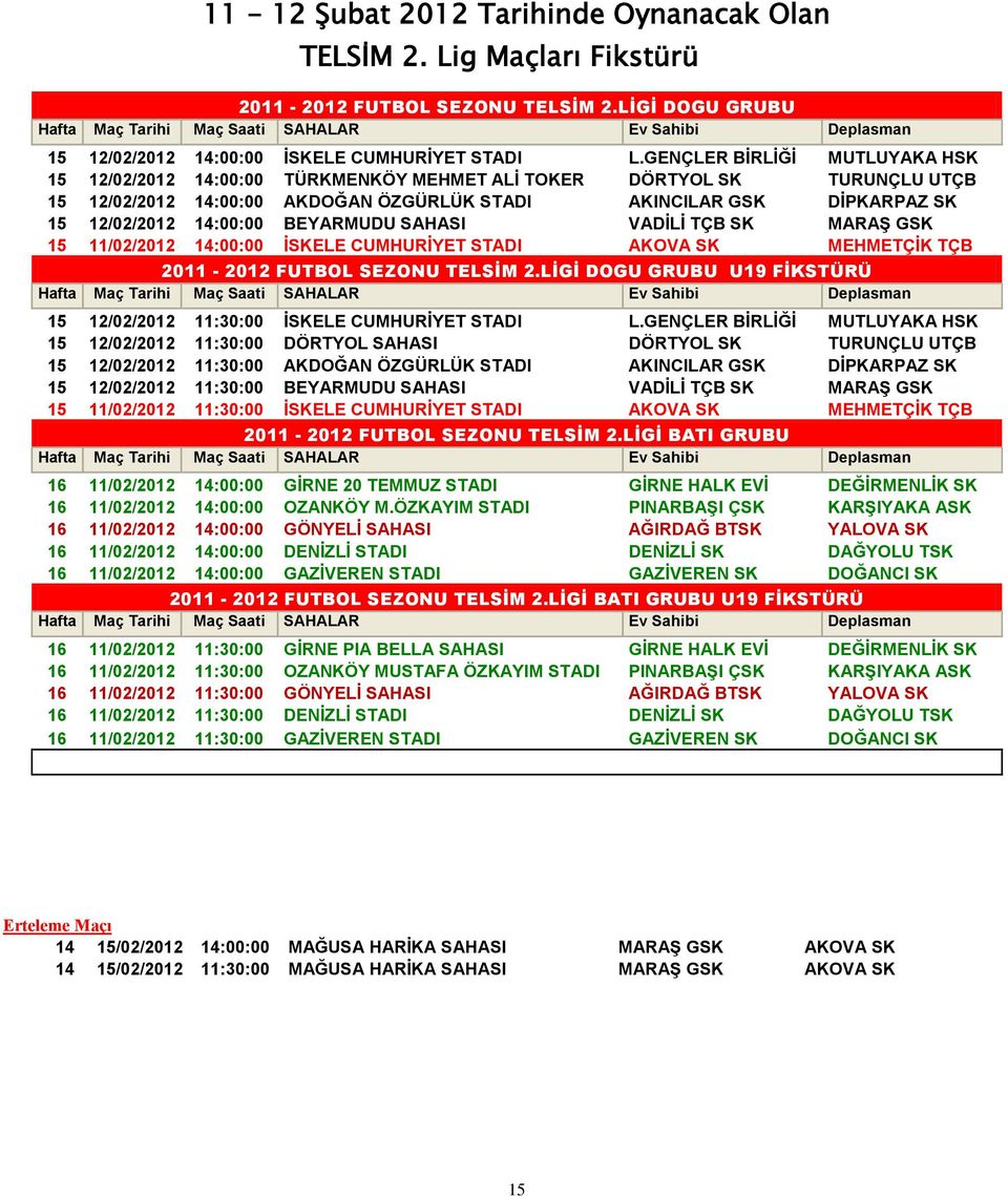 14:00:00 BEYARMUDU SAHASI VADİLİ TÇB SK MARAŞ GSK 15 11/02/2012 14:00:00 İSKELE CUMHURİYET STADI AKOVA SK MEHMETÇİK TÇB 2011-2012 FUTBOL SEZONU TELSİM 2.