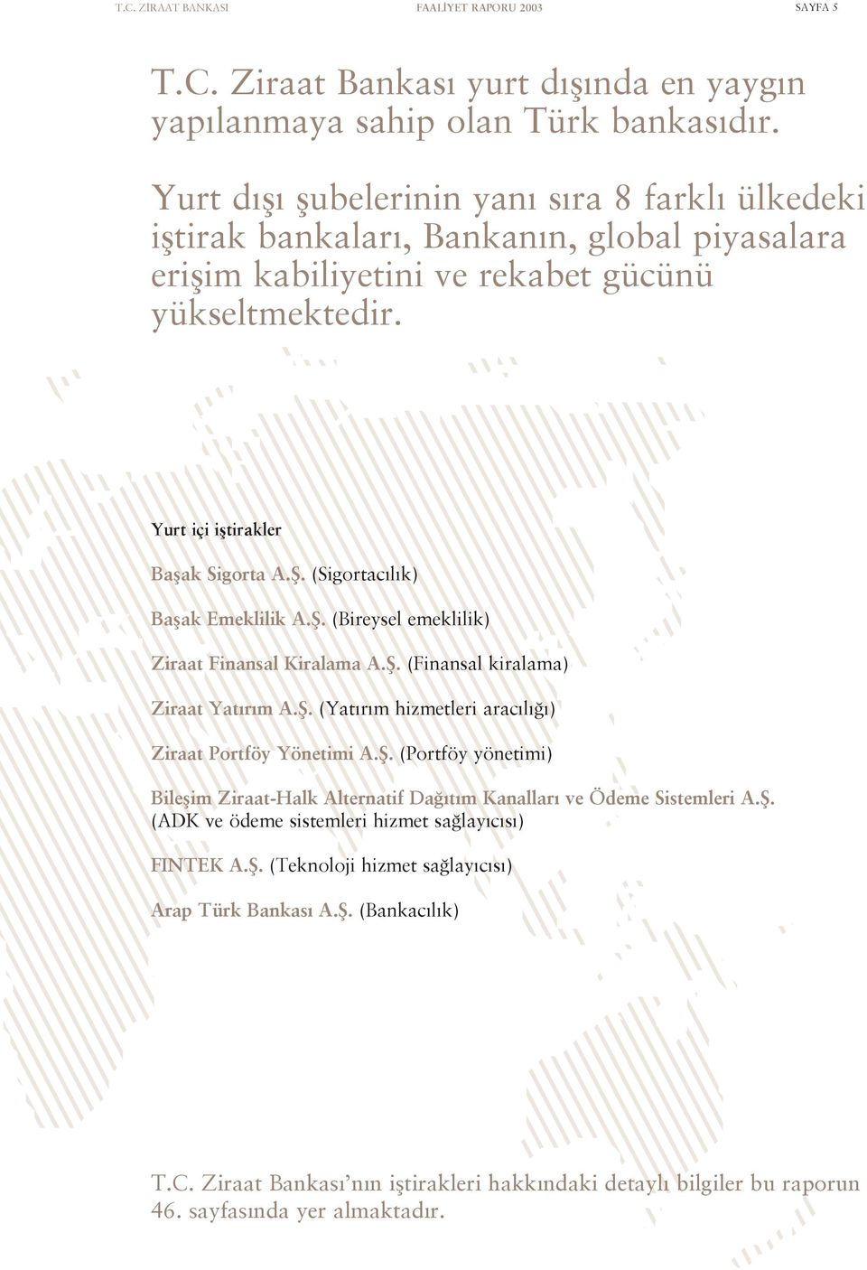 (Sigortac l k) Baflak Emeklilik A.fi. (Bireysel emeklilik) Ziraat Finansal Kiralama A.fi. (Finansal kiralama) Ziraat Yat r m A.fi. (Yat r m hizmetleri arac l ) Ziraat Portföy Yönetimi A.fi. (Portföy yönetimi) Bileflim Ziraat-Halk Alternatif Da t m Kanallar ve Ödeme Sistemleri A.