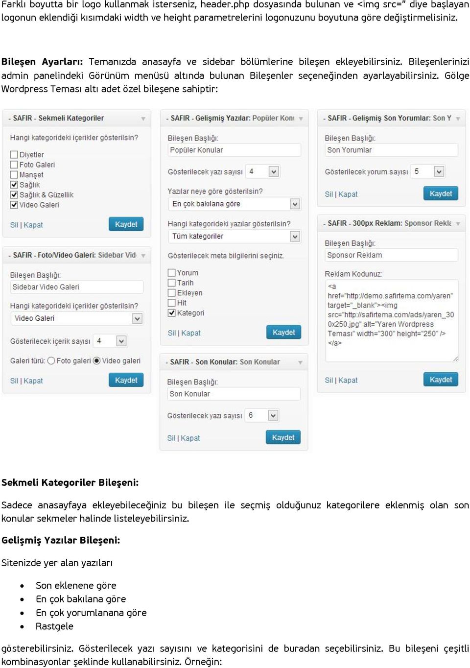 Bileşen Ayarları: Temanızda anasayfa ve sidebar bölümlerine bileşen ekleyebilirsiniz. Bileşenlerinizi admin panelindeki Görünüm menüsü altında bulunan Bileşenler seçeneğinden ayarlayabilirsiniz.