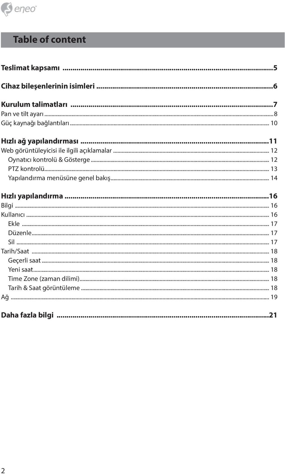 .. 12 Oynatıcı kontrolü & Gösterge... 12 PTZ kontrolü... 13 Yapılandırma menüsüne genel bakış... 14 Hızlı yapılandırma...16 Bilgi.