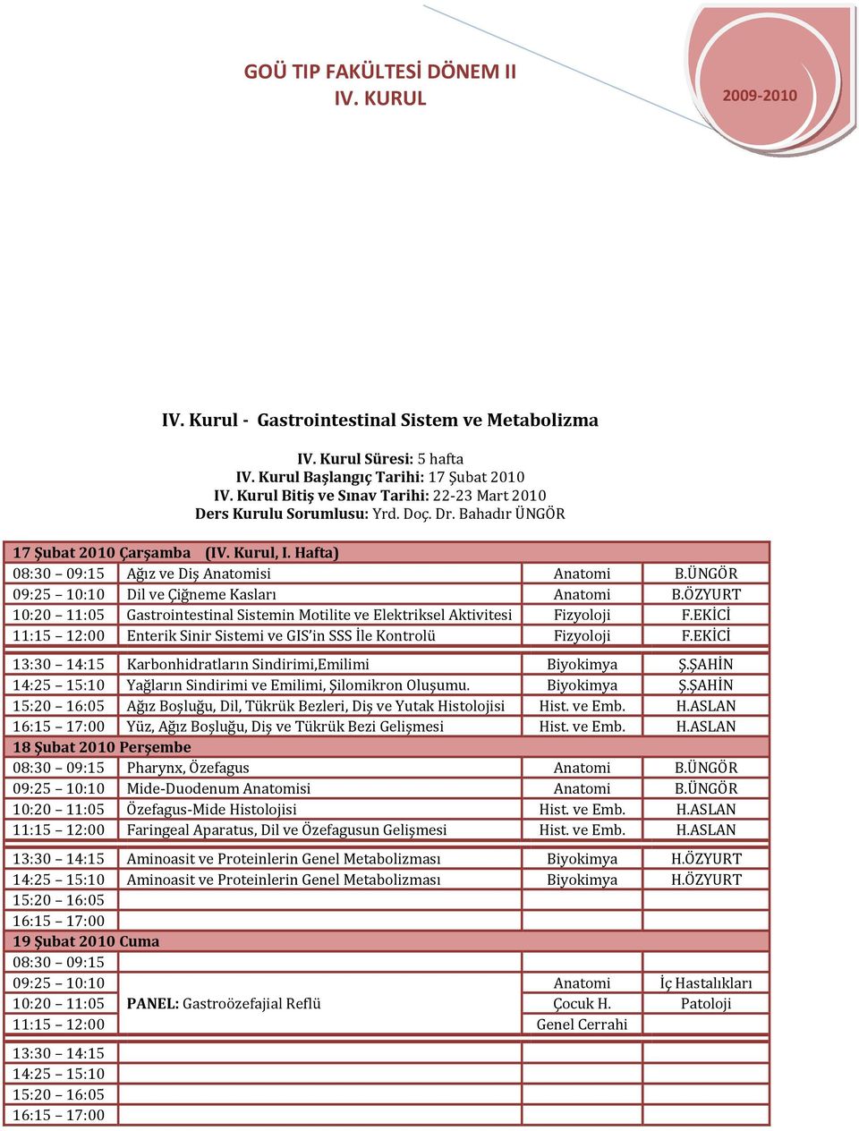 ÖZYURT 10:20 11:05 Gastrointestinal Sistemin Motilite ve Elektriksel Aktivitesi Fizyoloji F.EKİCİ 11:15 12:00 Enterik Sinir Sistemi ve GIS in SSS İle Kontrolü Fizyoloji F.