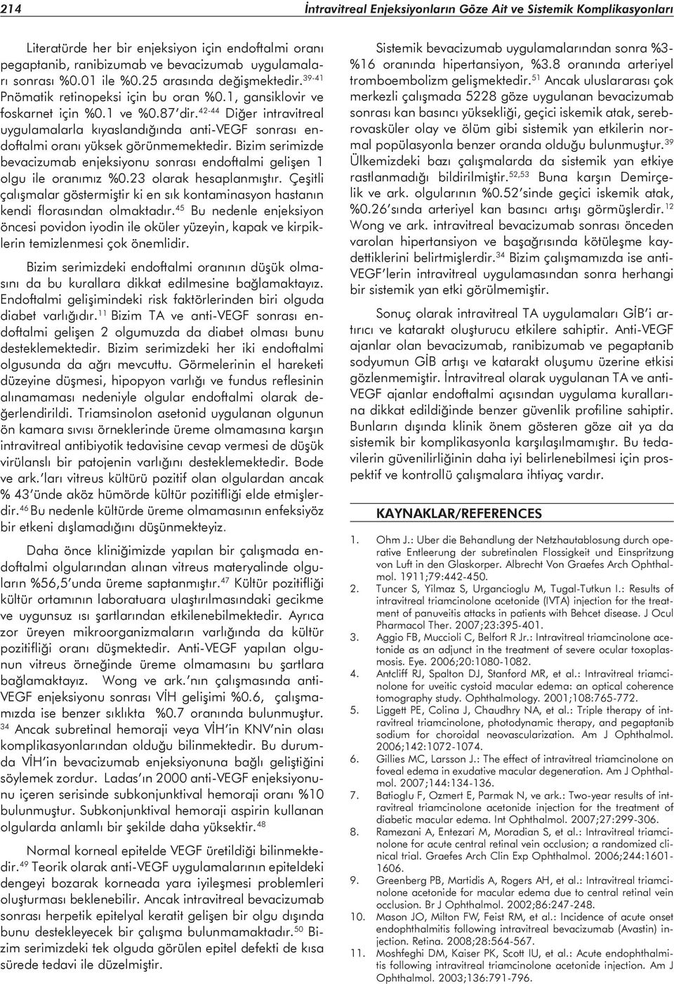 42-44 Diğer intravitreal uygulamalarla kıyaslandığında anti-vegf sonrası endoftalmi oranı yüksek görünmemektedir.