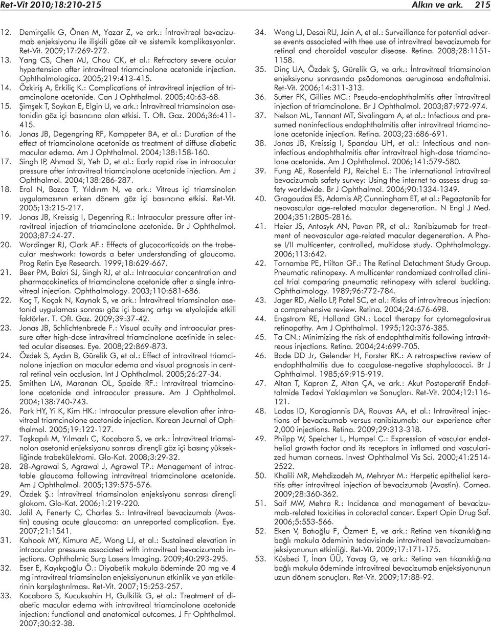 : Complications of intravitreal injection of triamcinolone acetonide. Can J Ophthalmol. 2005;40:63-68. 15. Şimşek T, Soykan E, Elgin U, ve ark.