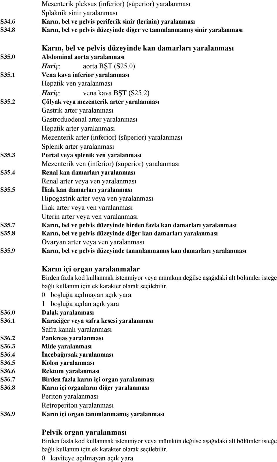 1 Vena kava inferior yaralanması Hepatik ven yaralanması Hariç: vena kava BŞT (S25.2) S35.