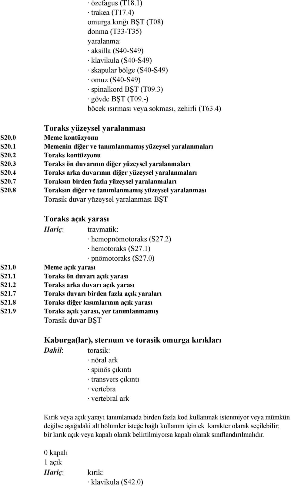 3 Toraks ön duvarının diğer yüzeysel yaralanmaları S20.4 Toraks arka duvarının diğer yüzeysel yaralanmaları S20.7 Toraksın birden fazla yüzeysel yaralanmaları S20.