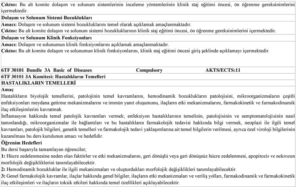 Çıktısı: Bu alt komite dolaşım ve solunum sistemi bozukluklarının klinik staj eğitimi öncesi, ön öğrenme gereksinimlerini içermektedir.