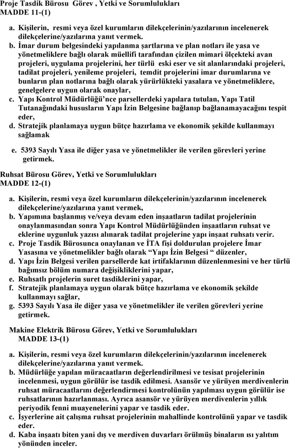 eser ve sit alanlarındaki projeleri, tadilat projeleri, yenileme projeleri, temdit projelerini imar durumlarına ve bunların plan notlarına bağlı olarak yürürlükteki yasalara ve yönetmeliklere,