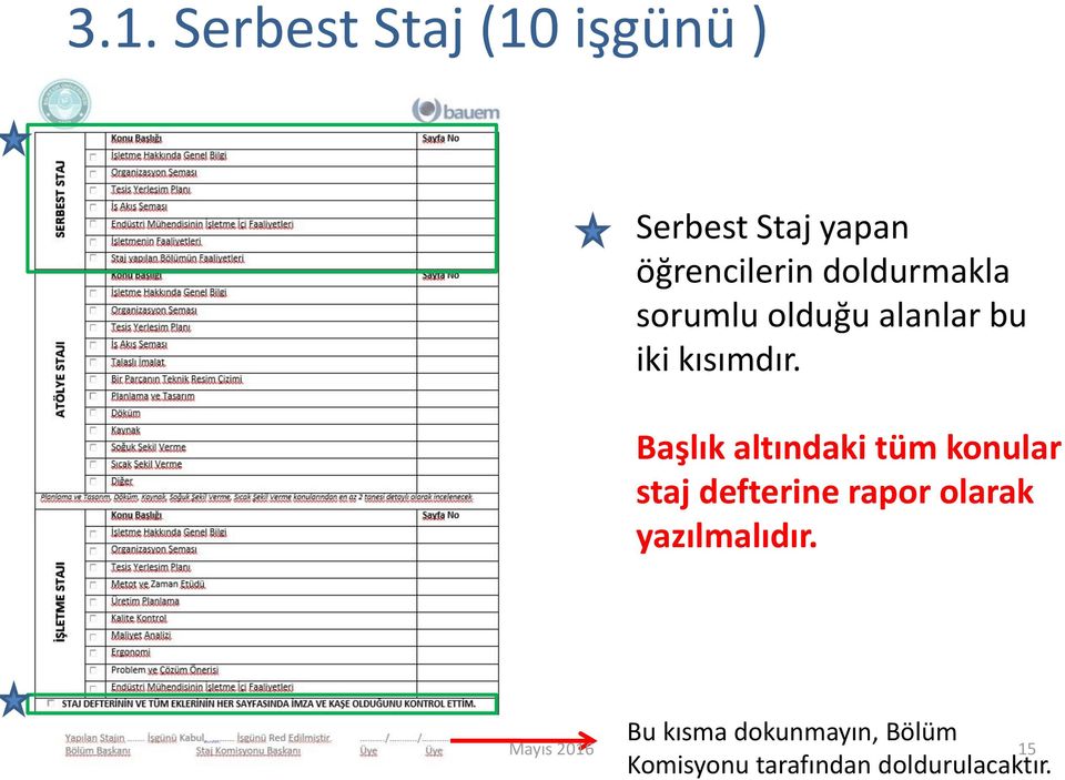 Başlık altındaki tüm konular staj defterine rapor olarak