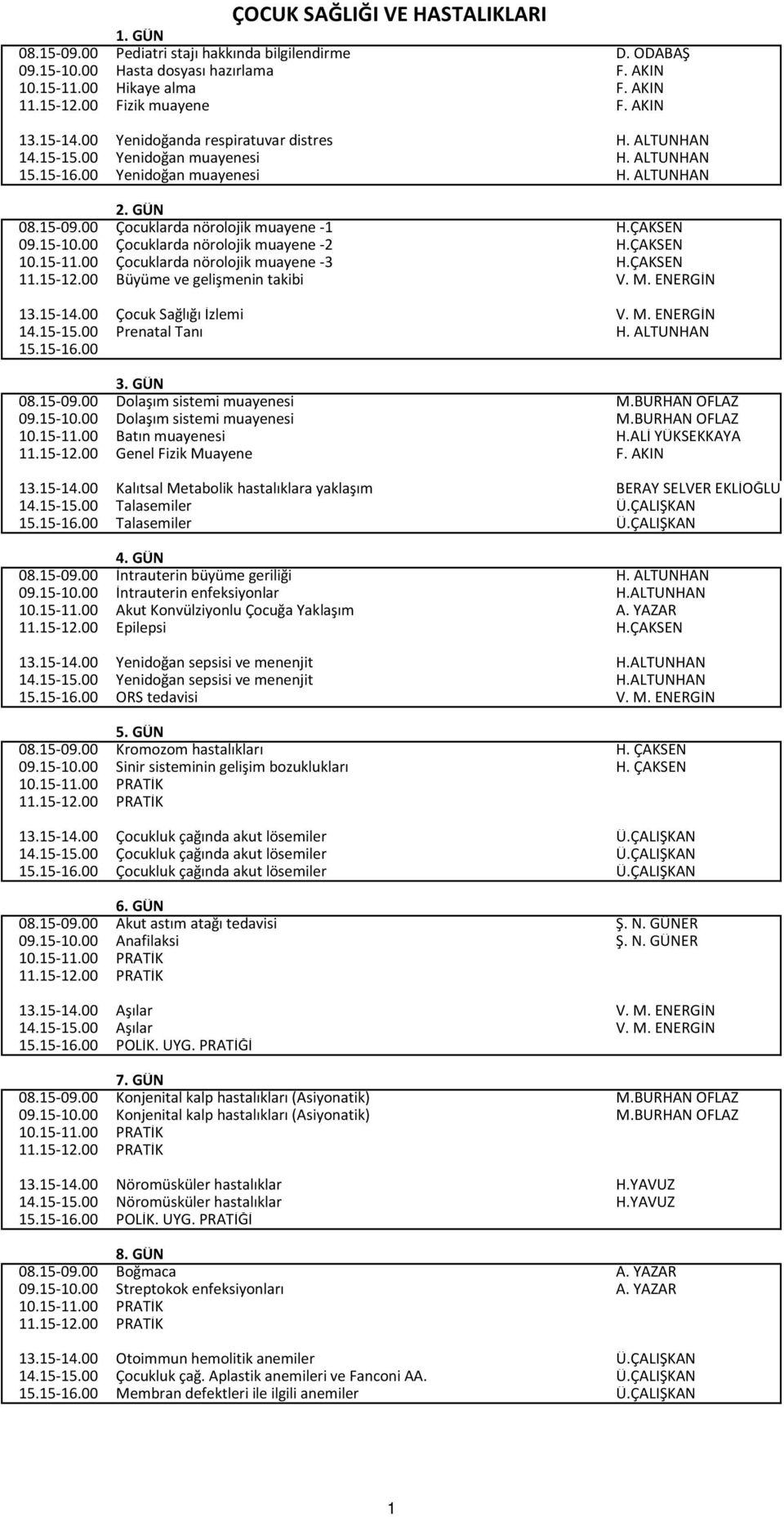 00 Çocuklarda nörolojik muayene -1 H.ÇAKSEN 09.15-10.00 Çocuklarda nörolojik muayene -2 H.ÇAKSEN 10.15-11.00 Çocuklarda nörolojik muayene -3 H.ÇAKSEN 11.15-12.00 Büyüme ve gelişmenin takibi V. M.