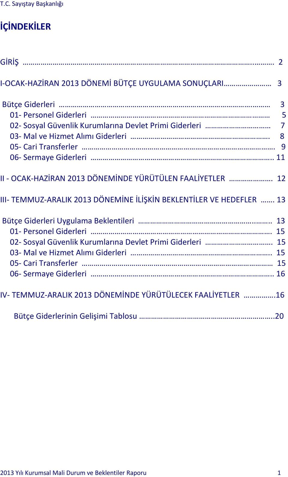 . 11 II - OCAK-HAZİRAN 2013 DÖNEMİNDE YÜRÜTÜLEN FAALİYETLER. 12 III- TEMMUZ-ARALIK 2013 DÖNEMİNE İLİŞKİN BEKLENTİLER VE HEDEFLER. 13 Bütçe Giderleri Uygulama Beklentileri.