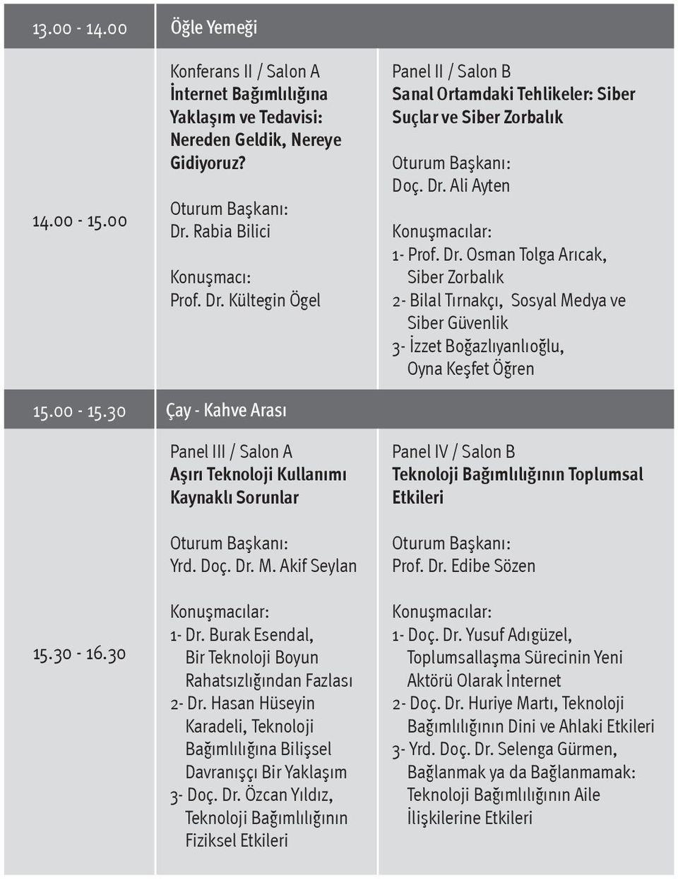 00-15.30 Çay - Kahve Arası 15.30-16.30 Panel III / Salon A Aşırı Teknoloji Kullanımı Kaynaklı Sorunlar Yrd. Doç. Dr. M. Akif Seylan 1- Dr.