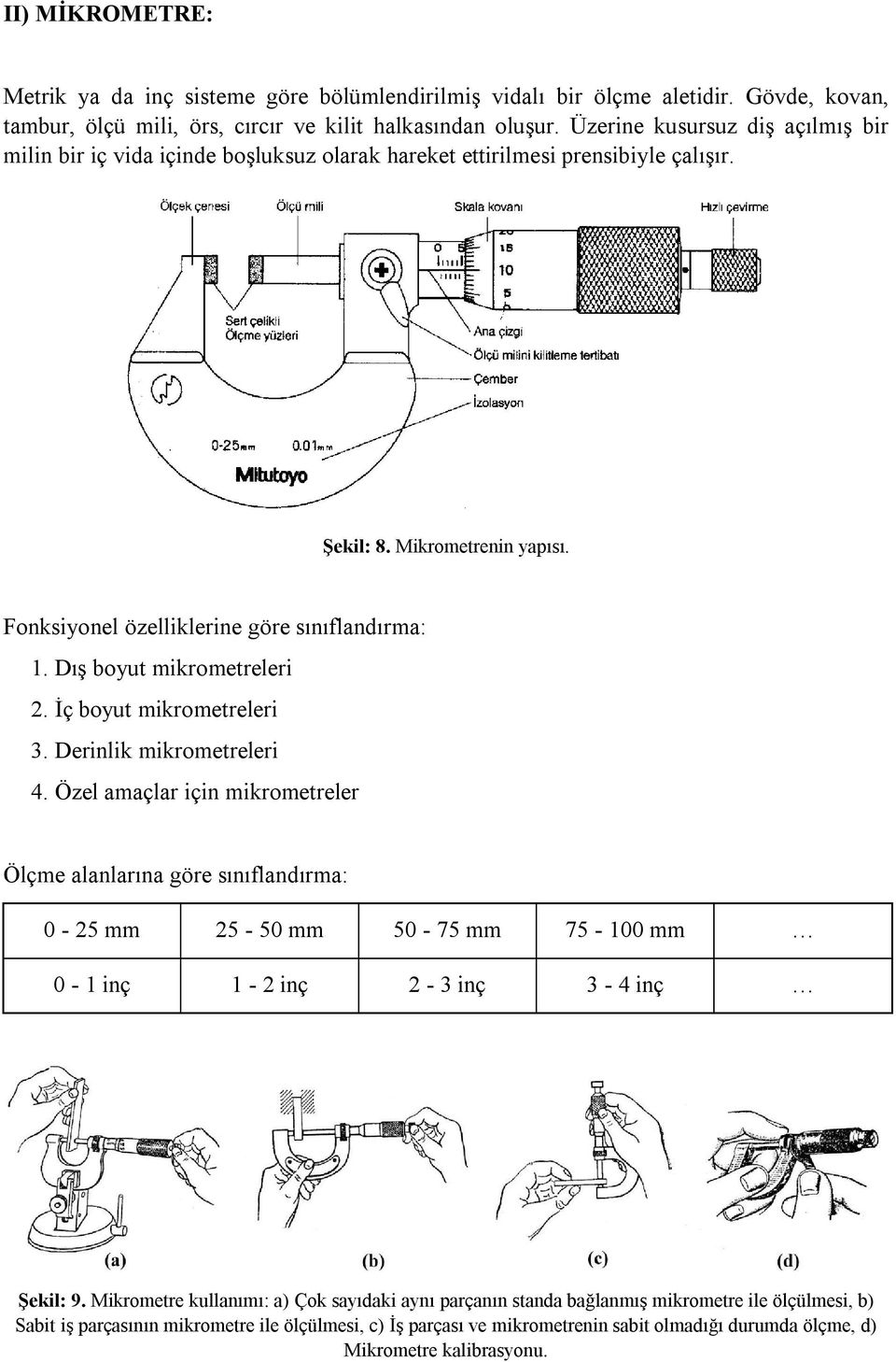 Dış boyut mikrometreleri 2. İç boyut mikrometreleri 3. Derinlik mikrometreleri 4.