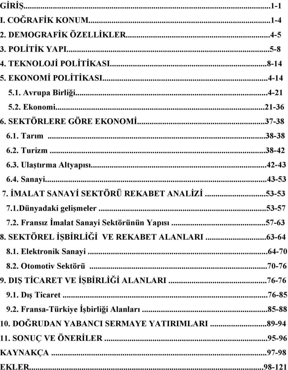 ..53-57 7.2. Fransız İmalat Sanayi Sektörünün Yapısı...57-63 8. SEKTÖREL İŞBİRLİĞİ VE REKABET ALANLARI...63-64 8.1. Elektronik Sanayi...64-70 8.2. Otomotiv Sektörü...70-76 9.