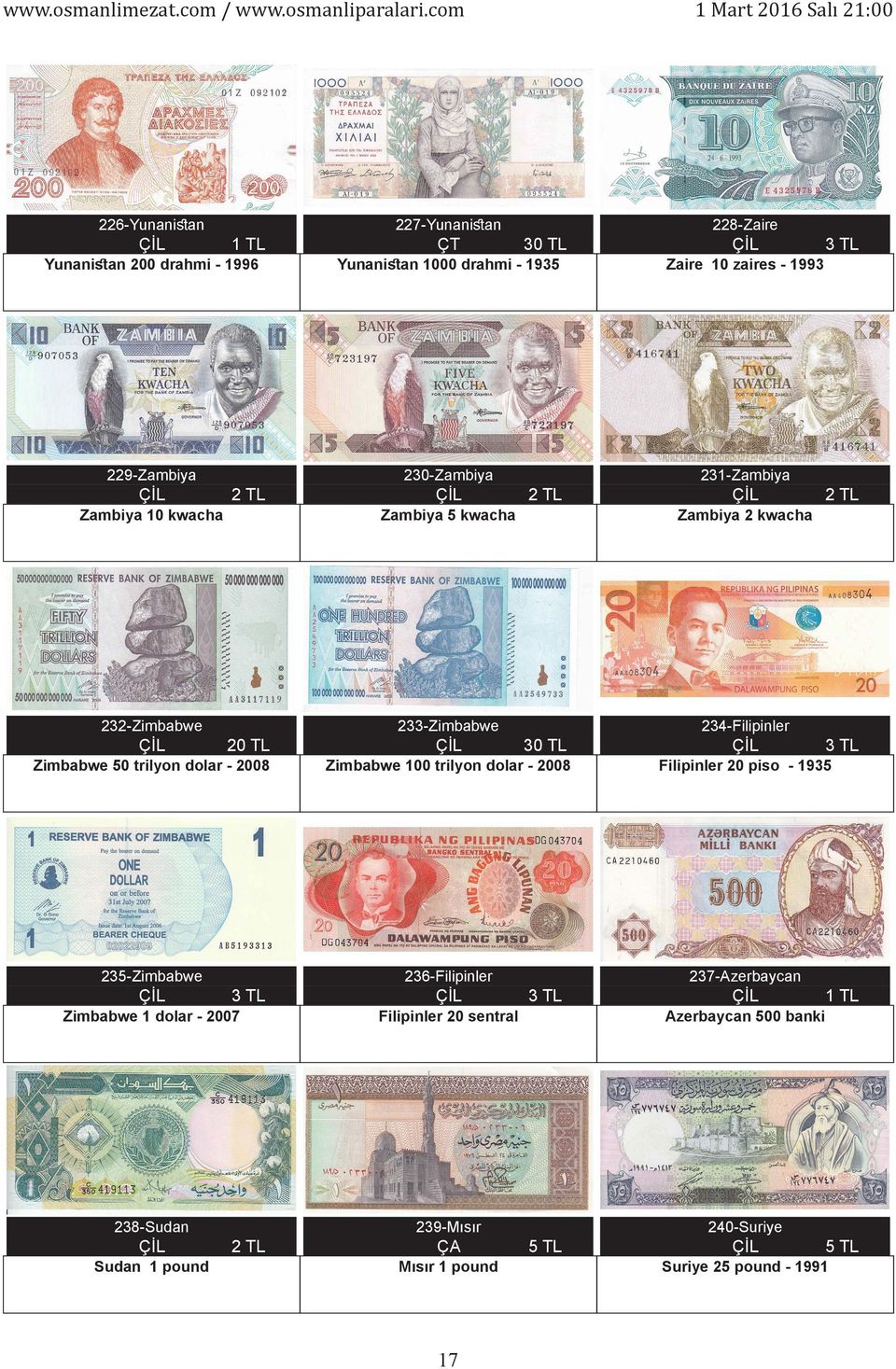 Zimbabwe 50 trilyon dolar - 2008 Zimbabwe 100 trilyon dolar - 2008 Filipinler 20 piso - 1935 235-Zimbabwe 236-Filipinler 237-Azerbaycan