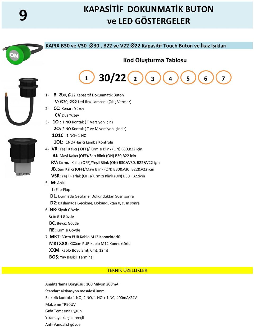 1NO+Harici Lamba Kontrolü 4- VR: Yeşil Kalıcı ( OFF)/ Kırmızı Blink (ON) B30,B22 için BJ: Mavi Kalıcı (OFF)/Sarı Blink (ON) B30,B22 için RV: Kırmızı Kalıcı (OFF)/Yeşil Blink (ON) B30&V30, B22&V22