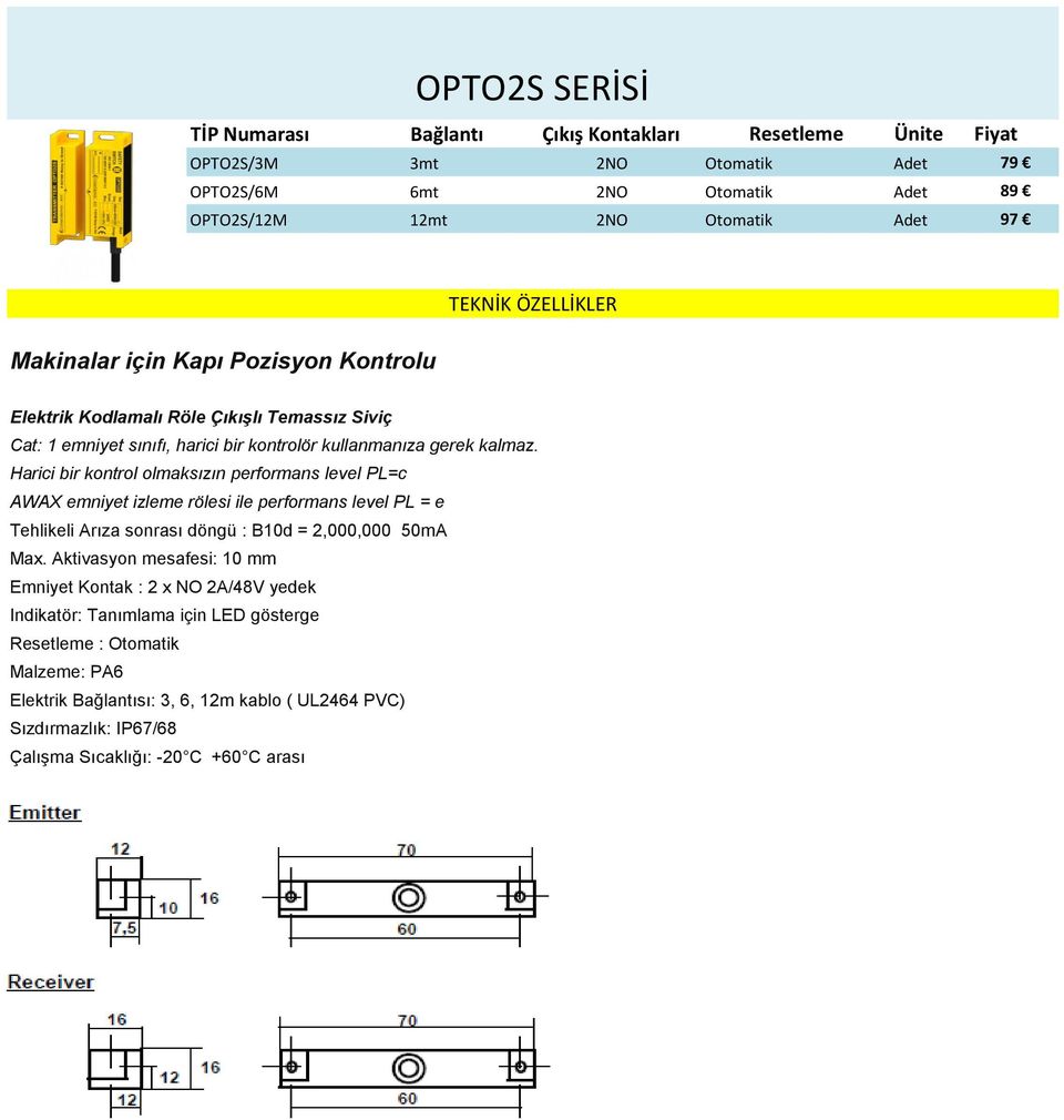 Harici bir kontrol olmaksızın performans level PL=c Tehlikeli Arıza sonrası döngü : B10d = 2,000,000 50mA Max.