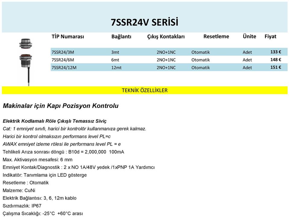 Harici bir kontrol olmaksızın performans level PL=c Tehlikeli Arıza sonrası döngü : B10d = 2,000,000 100mA Max.