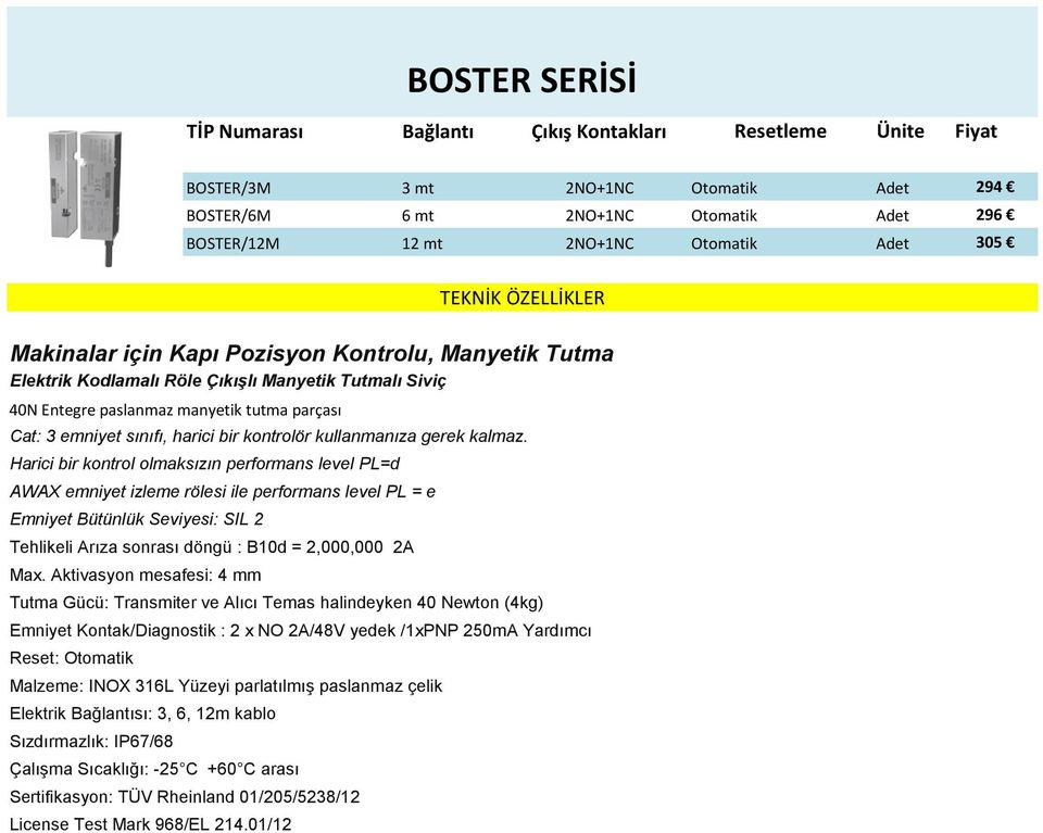 kullanmanıza gerek kalmaz. Harici bir kontrol olmaksızın performans level PL=d Emniyet Bütünlük Seviyesi: SIL 2 Tehlikeli Arıza sonrası döngü : B10d = 2,000,000 2A Max.