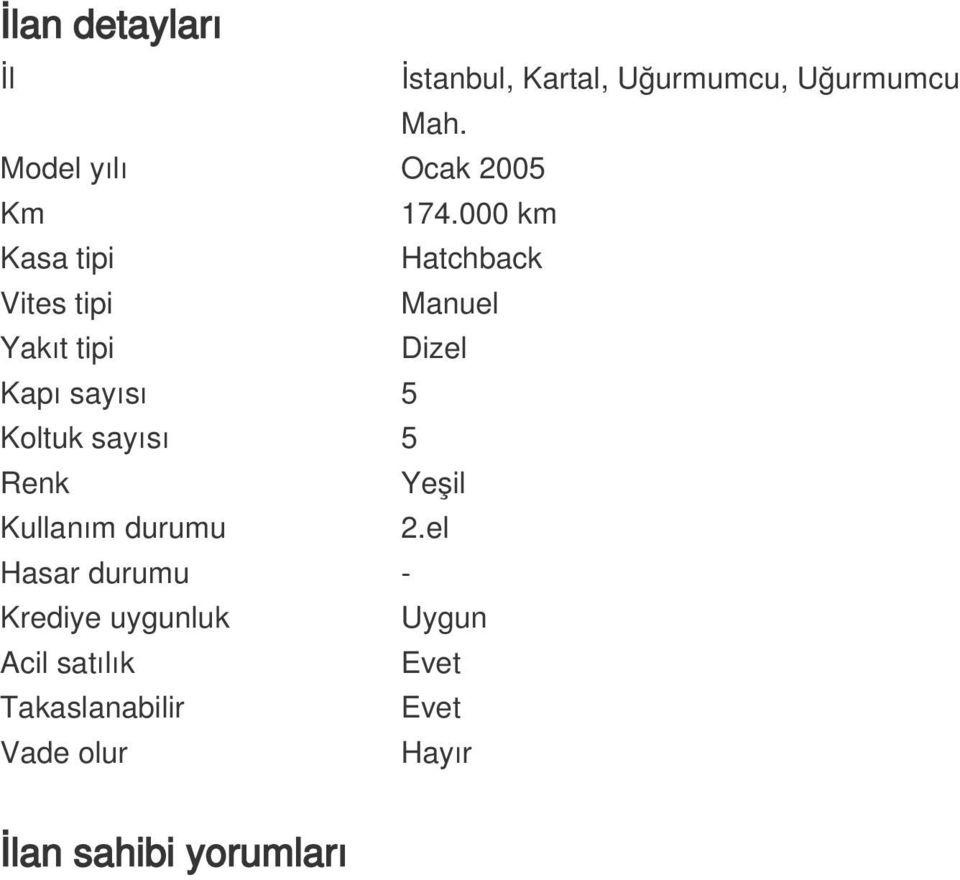 000 km Kasa tipi Hatchback Vites tipi Manuel Yakıt tipi Dizel Kapı sayısı 5