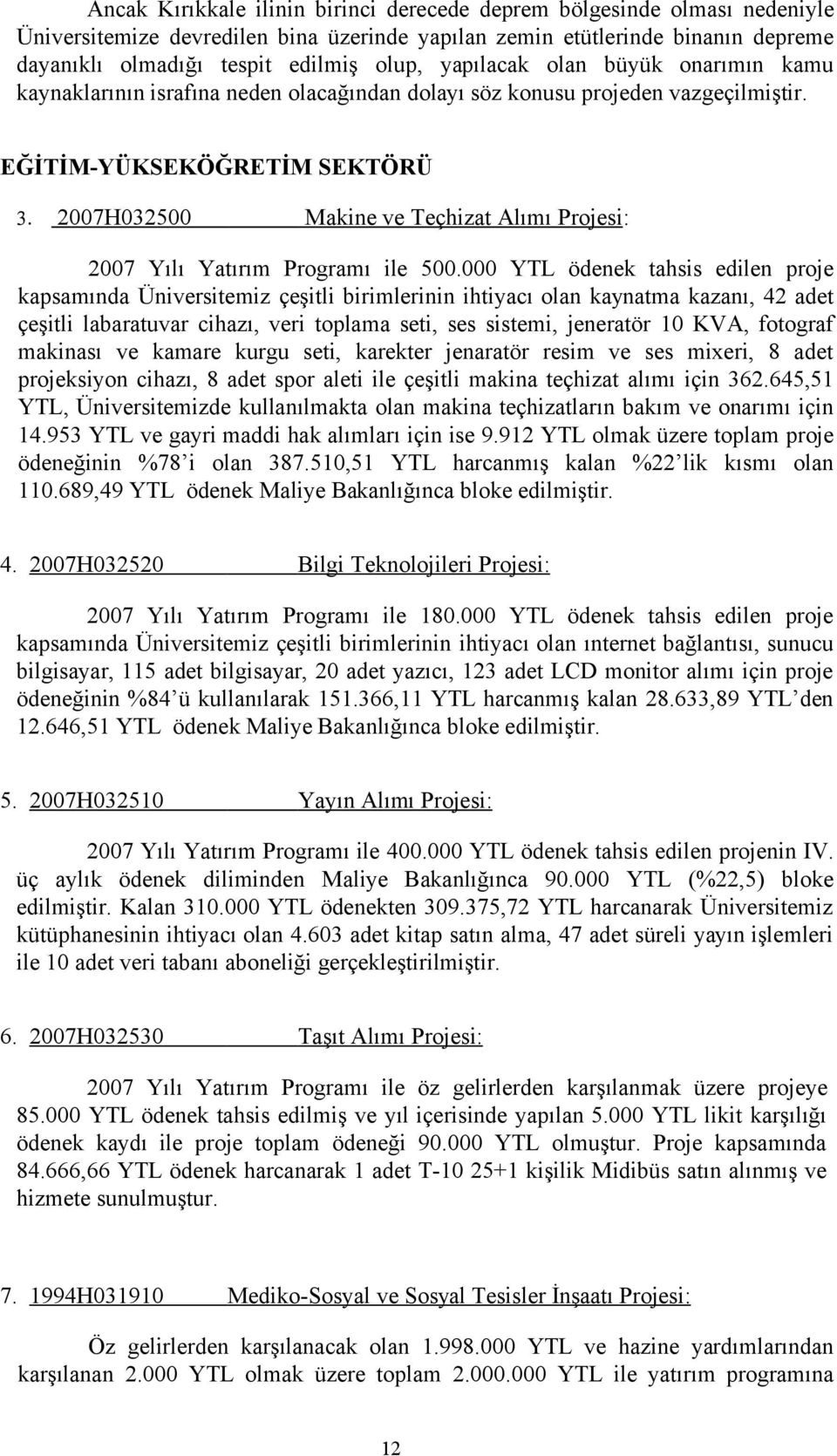 2007H032500 Makine ve Teçhizat Alımı Projesi: 2007 Yılı Yatırım Programı ile 500.