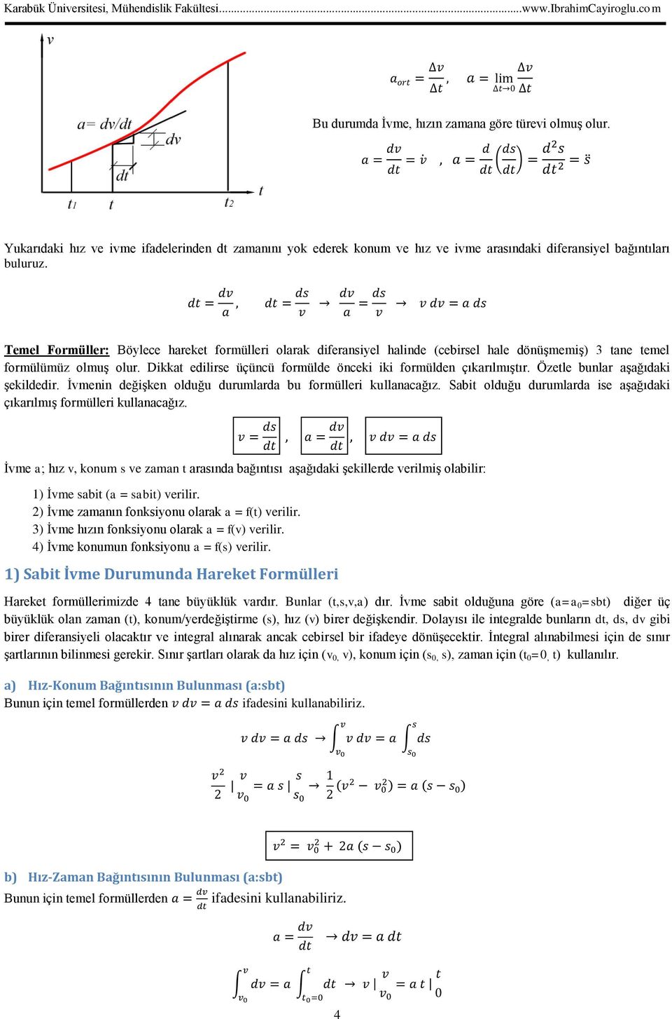 Dikkat edilirse üçüncü formülde önceki iki formülden çıkarılmıştır. Özetle bunlar aşağıdaki şekildedir. İvmenin değişken olduğu durumlarda bu formülleri kullanacağız.