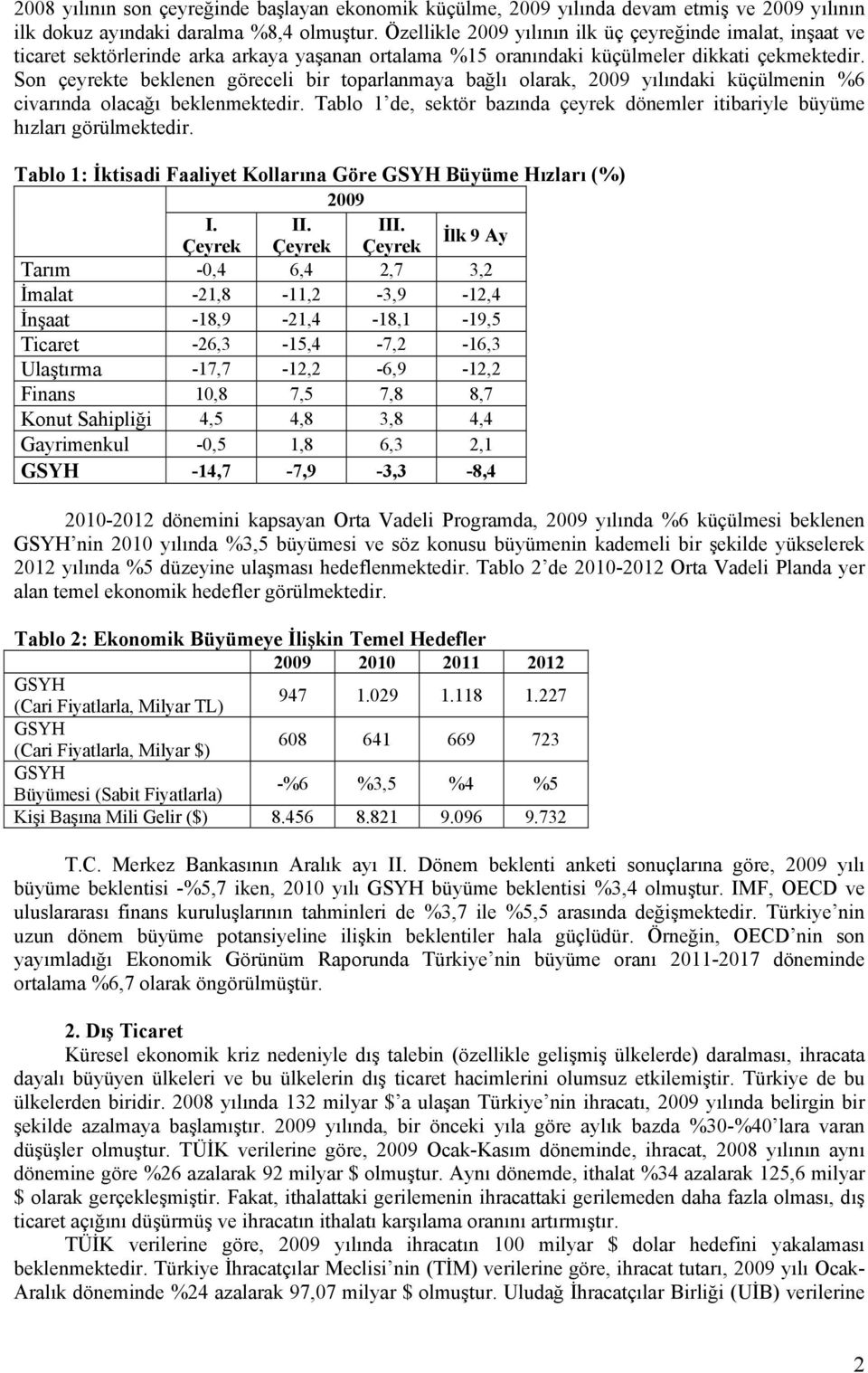 Son çeyrekte beklenen göreceli bir toparlanmaya bağlı olarak, 2009 yılındaki küçülmenin %6 civarında olacağı beklenmektedir.