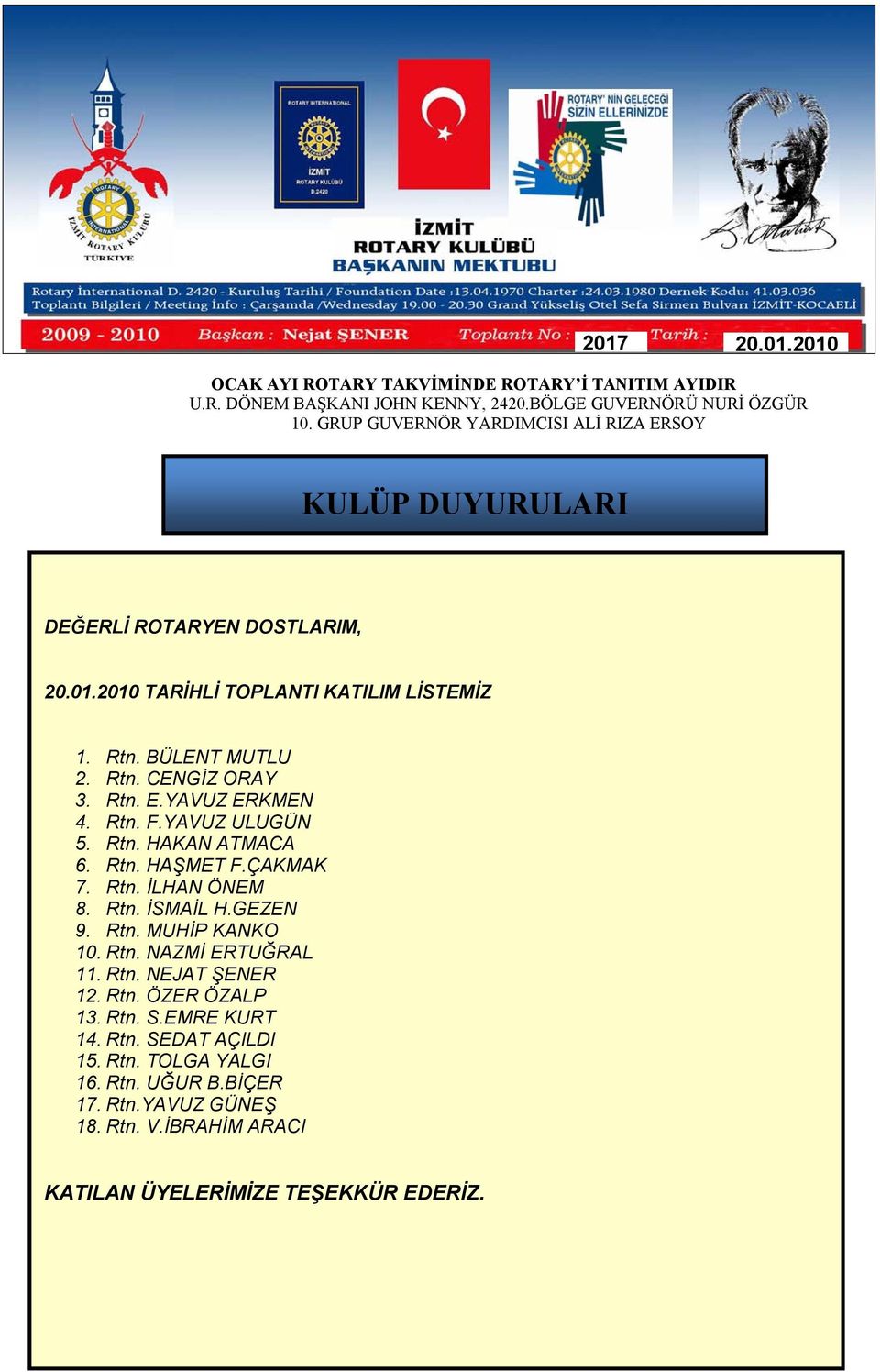 Rtn. MUHİP KANKO 10. Rtn. NAZMİ ERTUĞRAL 11. Rtn. NEJAT ŞENER 12. Rtn. ÖZER ÖZALP 13. Rtn. S.EMRE KURT 14. Rtn. SEDAT AÇILDI 15.