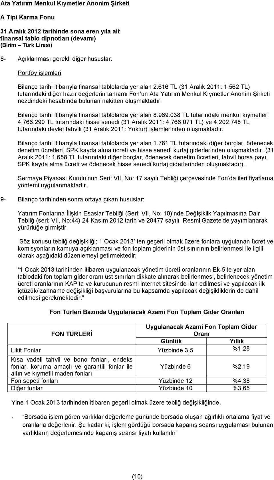 Bilanço tarihi itibarıyla finansal tablolarda yer alan 8.969.038 TL tutarındaki menkul kıymetler; 4.766.290 TL tutarındaki hisse senedi (31 Aralık 2011: 4.766.071 TL) ve 4.202.