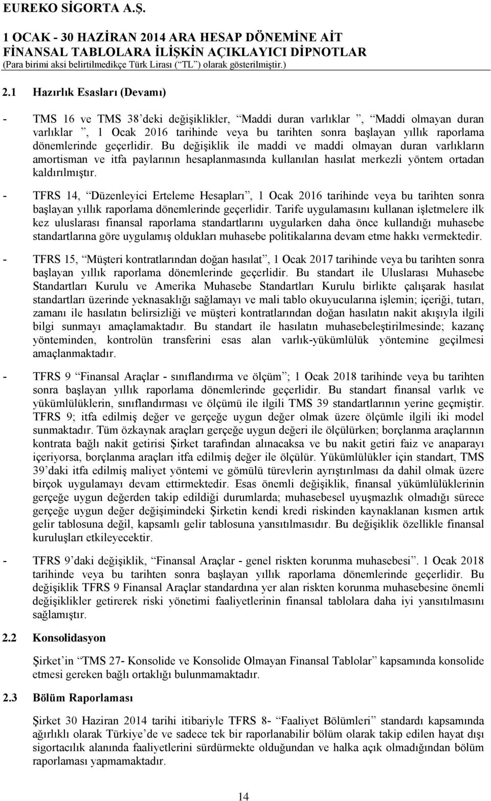 - TFRS 14, Düzenleyici Erteleme Hesapları, 1 Ocak 2016 tarihinde veya bu tarihten sonra başlayan yıllık raporlama dönemlerinde geçerlidir.