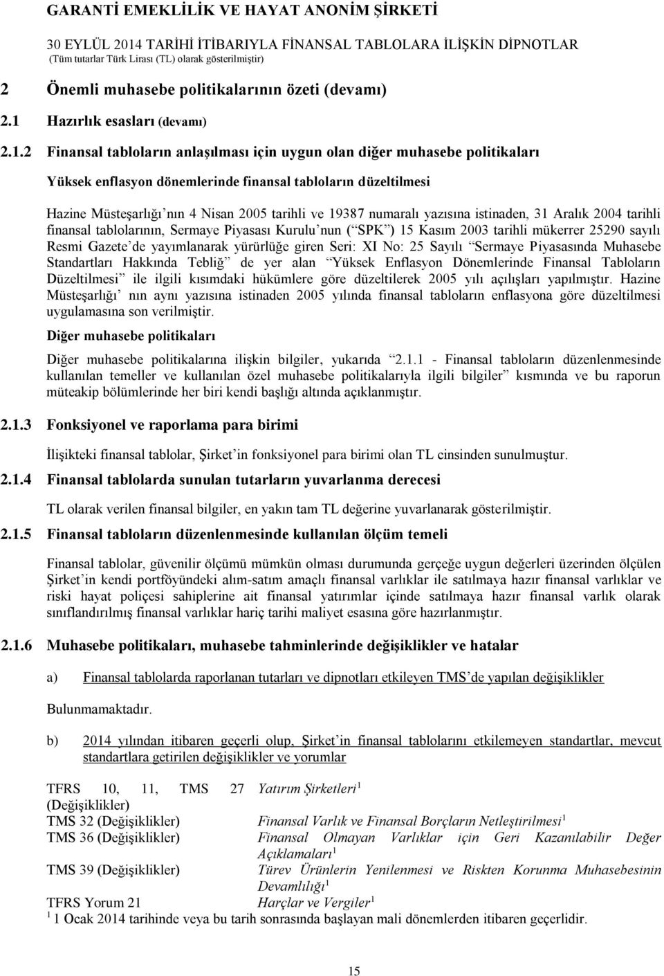 2 Finansal tabloların anlaşılması için uygun olan diğer muhasebe politikaları Yüksek enflasyon dönemlerinde finansal tabloların düzeltilmesi Hazine Müsteşarlığı nın 4 Nisan 2005 tarihli ve 19387