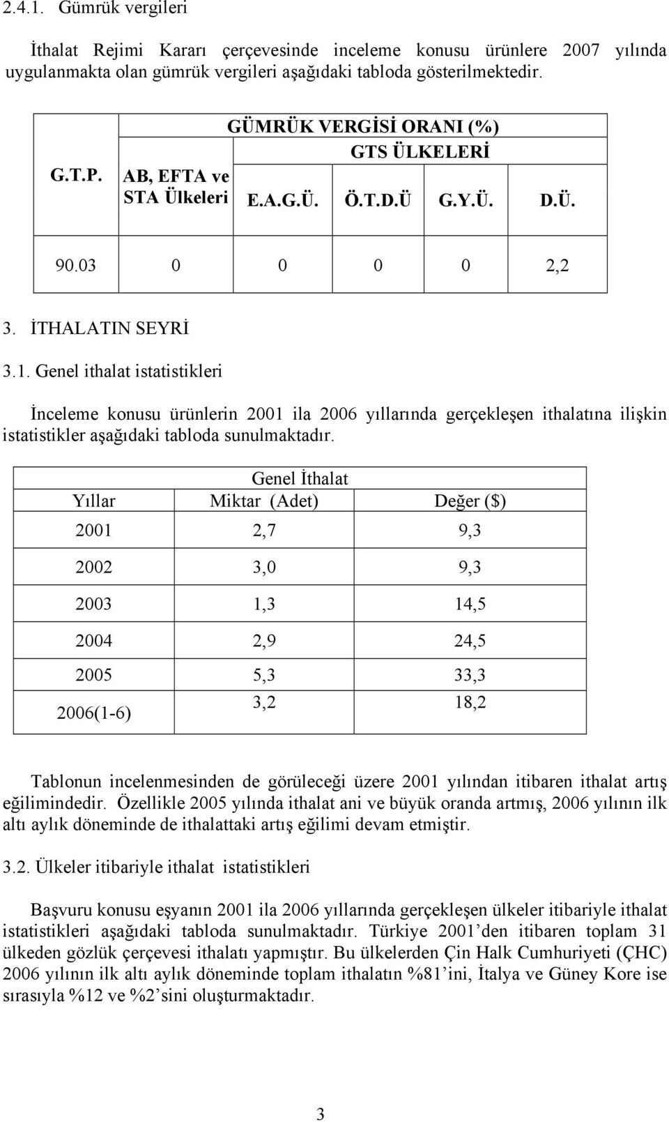 Genel ithalat istatistikleri İnceleme konusu ürünlerin 2001 ila 2006 yıllarında gerçekleşen ithalatına ilişkin istatistikler aşağıdaki tabloda sunulmaktadır.