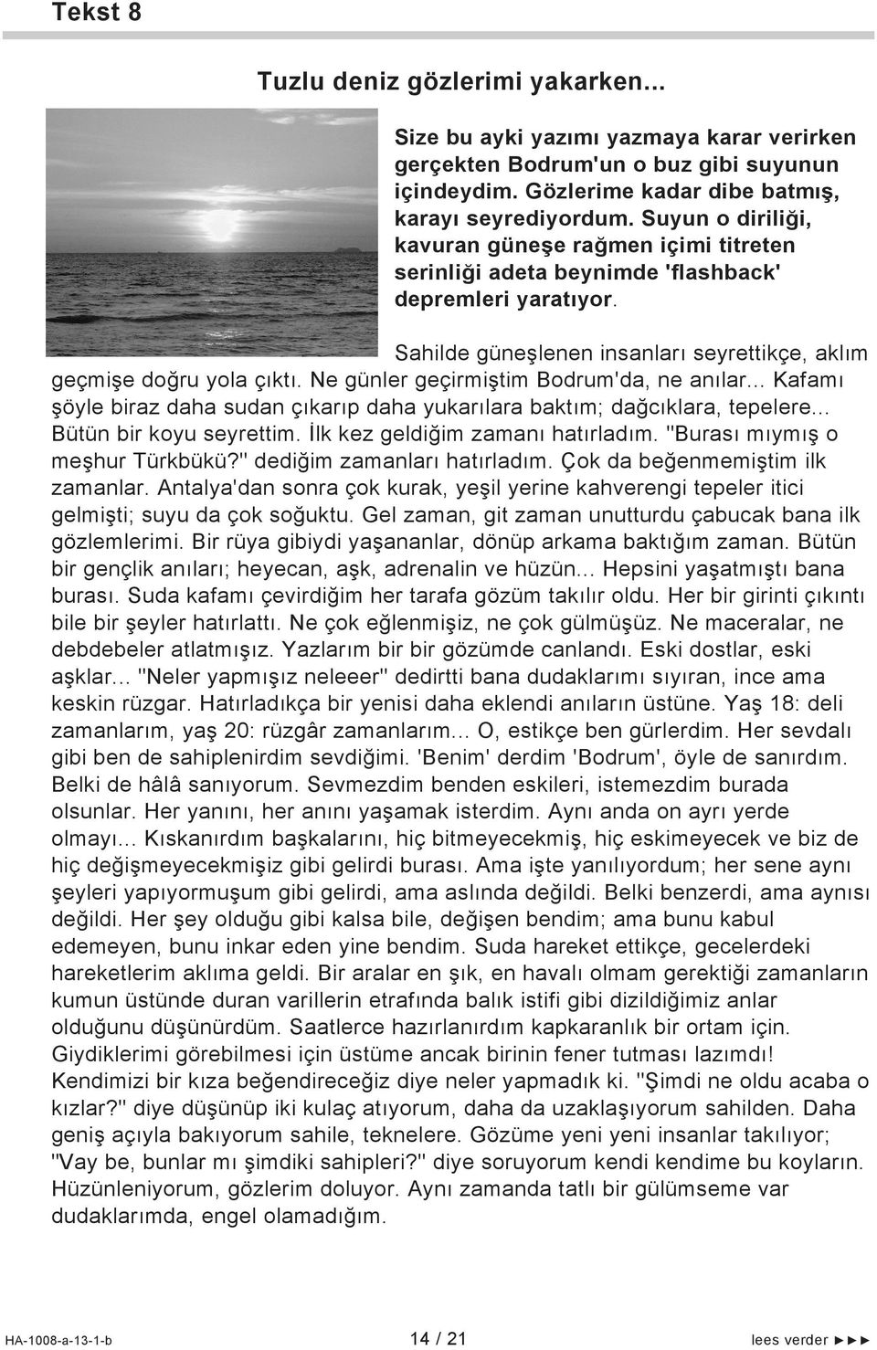 Ne günler geçirmiştim Bodrum'da, ne anılar... Kafamı şöyle biraz daha sudan çıkarıp daha yukarılara baktım; dağcıklara, tepelere... Bütün bir koyu seyrettim. İlk kez geldiğim zamanı hatırladım.