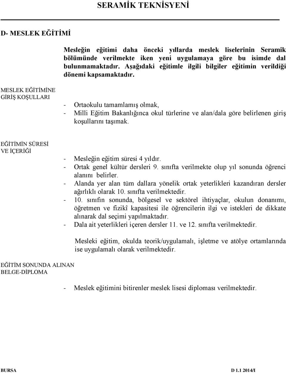 MESLEK EĞİTİMİNE GİRİŞ KOŞULLARI - Ortaokulu tamamlamış olmak, - Milli Eğitim Bakanlığınca okul türlerine ve alan/dala göre belirlenen giriş koşullarını taşımak.