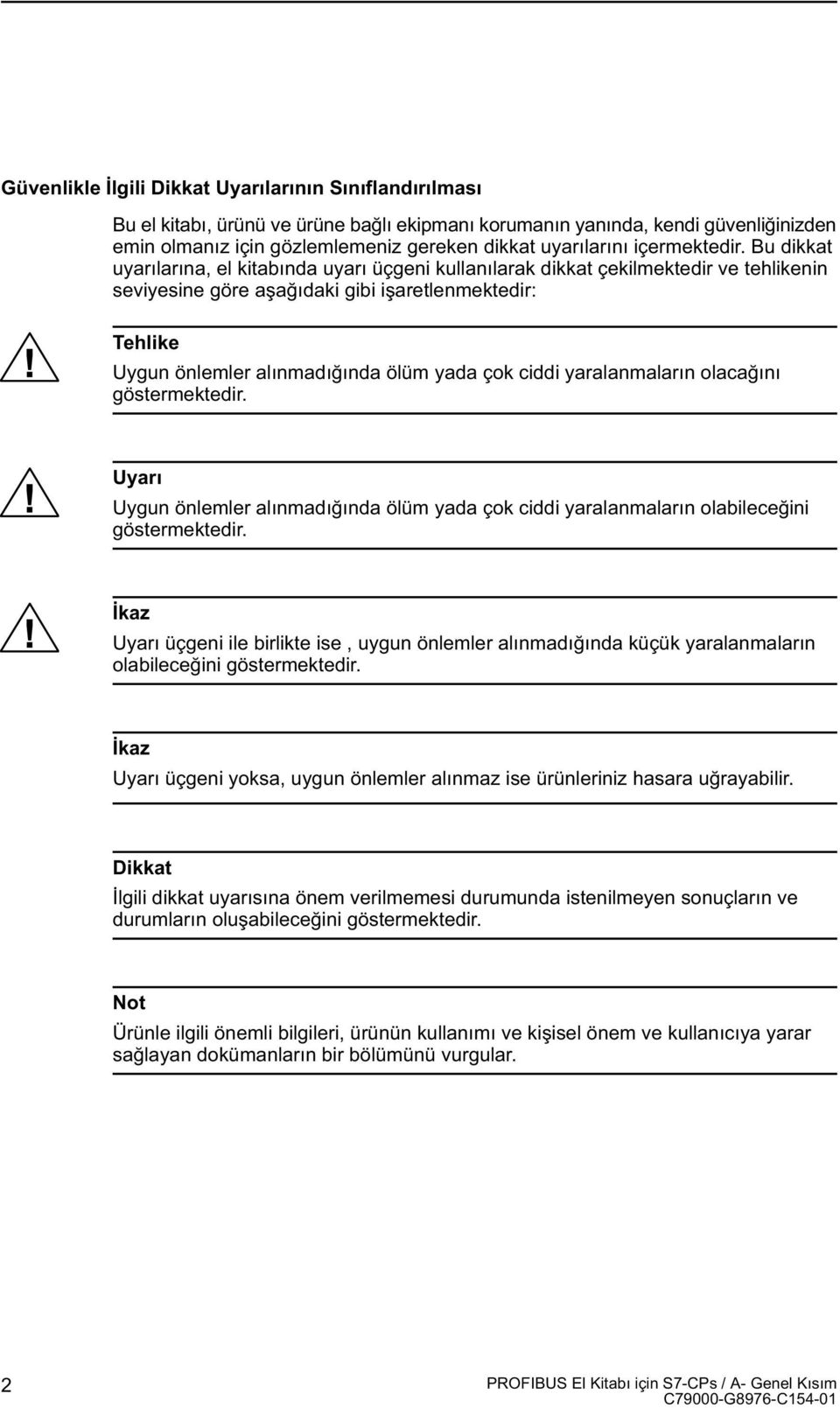 Bu dikkat uyarýlarýna, el kitabýnda uyarý üçgeni kullanýlarak dikkat çekilmektedir ve tehlikenin seviyesine göre aþaðýdaki gibi iþaretlenmektedir: Tehlike Uygun önlemler alýnmadýðýnda ölüm yada çok