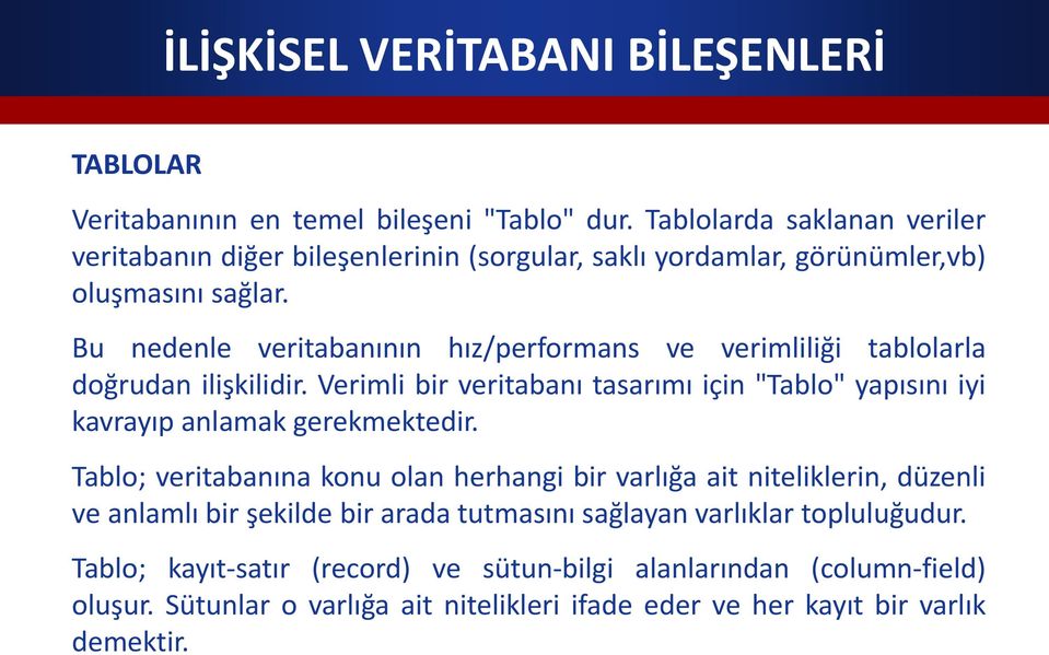 Bu nedenle veritabanının hız/performans ve verimliliği tablolarla doğrudan ilişkilidir.