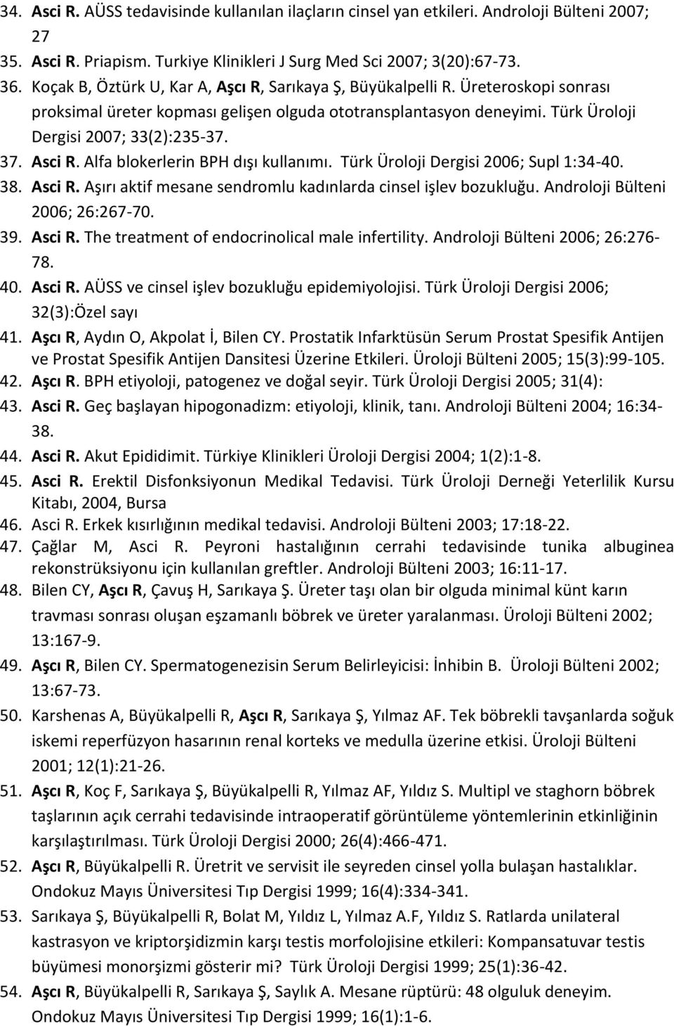 Asci R. Alfa blokerlerin BPH dışı kullanımı. Türk Üroloji Dergisi 2006; Supl 1:34-40. 38. Asci R. Aşırı aktif mesane sendromlu kadınlarda cinsel işlev bozukluğu. Androloji Bülteni 2006; 26:267-70. 39.