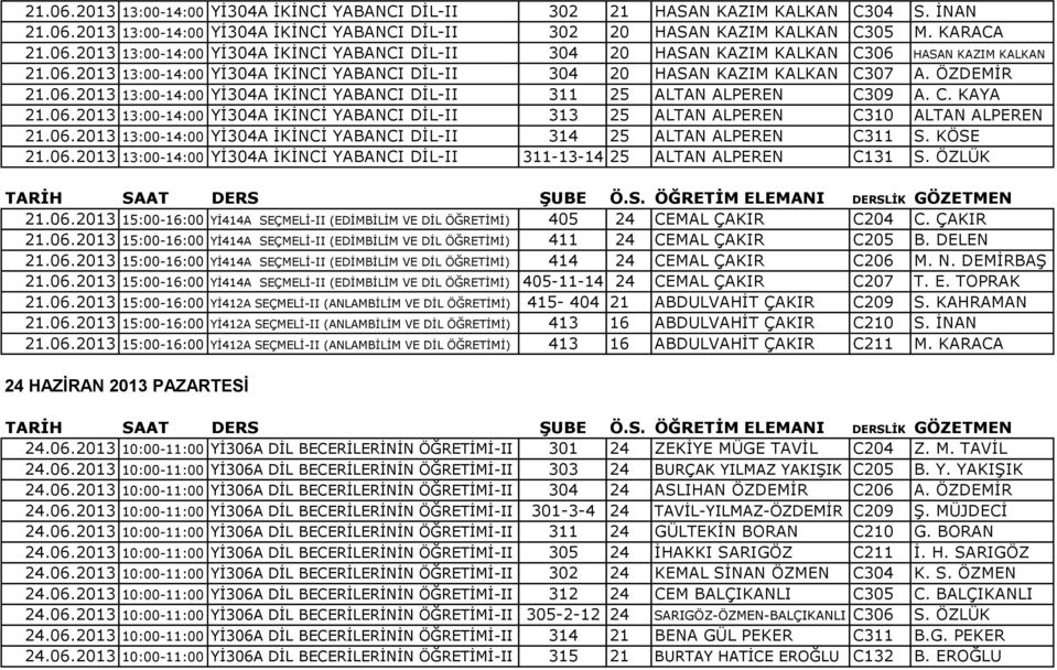 06.2013 13:00-14:00 Yİ304A İKİNCİ YABANCI DİL-II 314 25 ALTAN ALPEREN C311 S. KÖSE 21.06.2013 13:00-14:00 Yİ304A İKİNCİ YABANCI DİL-II 311-13-14 25 ALTAN ALPEREN C131 S. ÖZLÜK 21.06.2013 15:00-16:00 Yİ414A SEÇMELİ-II (EDİMBİLİM VE DİL ÖĞRETİMİ) 405 24 CEMAL ÇAKIR C204 C.