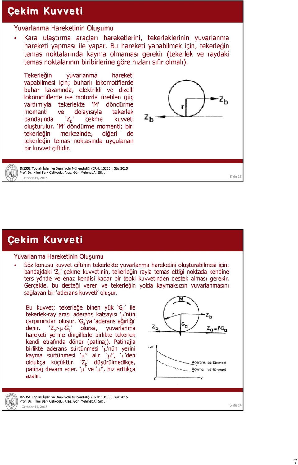 Tekerleğin yuvarlanma hareketi yapabilmesi için; buharlı lokomotiflerde buhar kazanında, elektrikli ve dizelli lokomotiflerde ise motorda üretilen güç yardımıyla tekerlekte M döndürme momenti ve