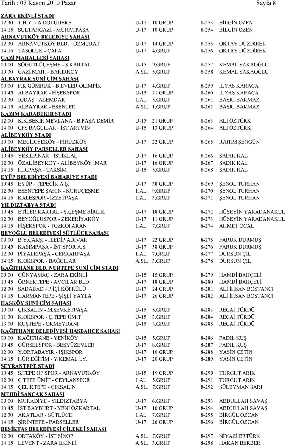 GRUP 8-256 OKTAY DÜZDİREK GAZİ MAHALLESİ SAHASI 09:00 SÖĞÜTLÜÇEŞME - S.KARTAL U-15 9.GRUP 8-257 KEMAL SAKAOĞLU 10:30 GAZİ MAH. - BAKIRKÖY A.SL. 5.